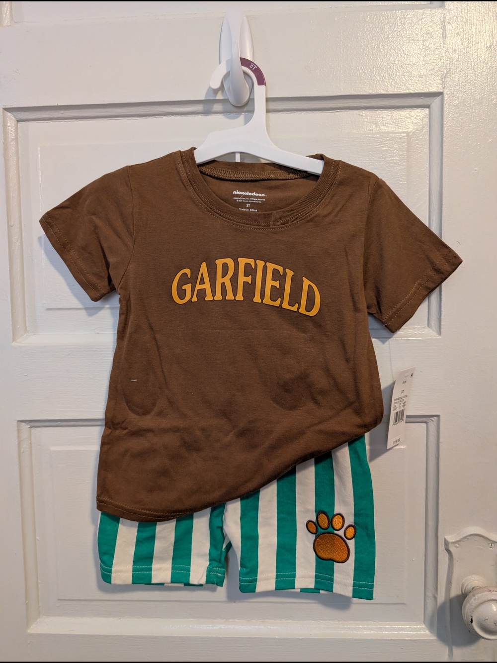 Nickelodeon Garfield 3T Outfit Set Brown Graphic Tee & Teal-White Striped Shorts